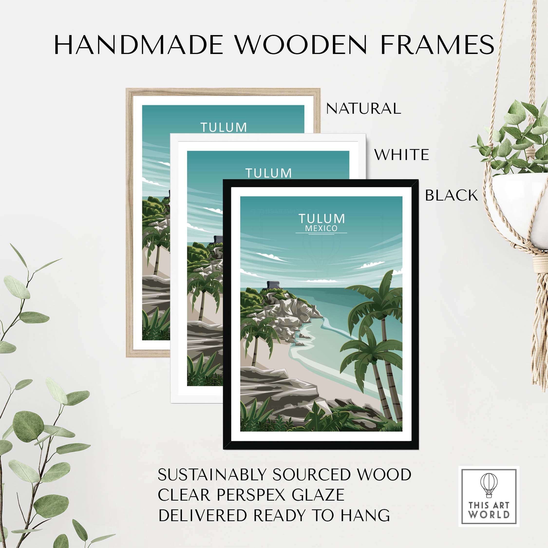Handmade wooden frames in natural, white, and black for Tulum Wall Art Mexico, sustainably sourced and ready to hang.