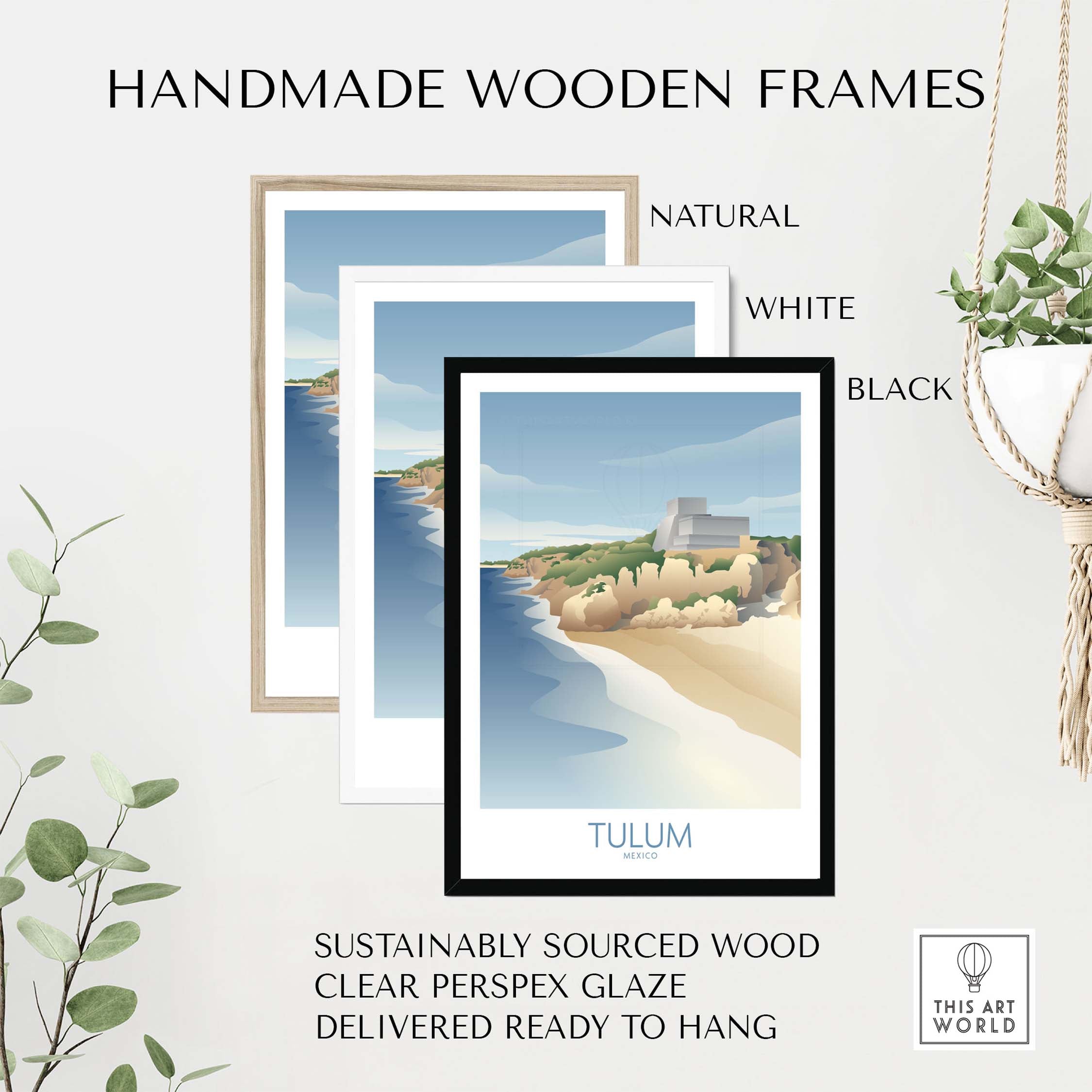 Handmade wooden frames in natural, white, and black for Tulum Mexico wall art, ready to hang and sustainably sourced.