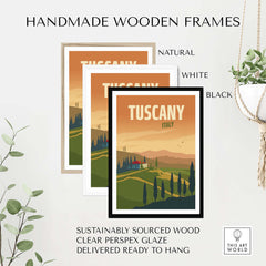 Handmade wooden frames for Tuscany poster art in natural, white, and black finishes, sustainably sourced and ready to hang.