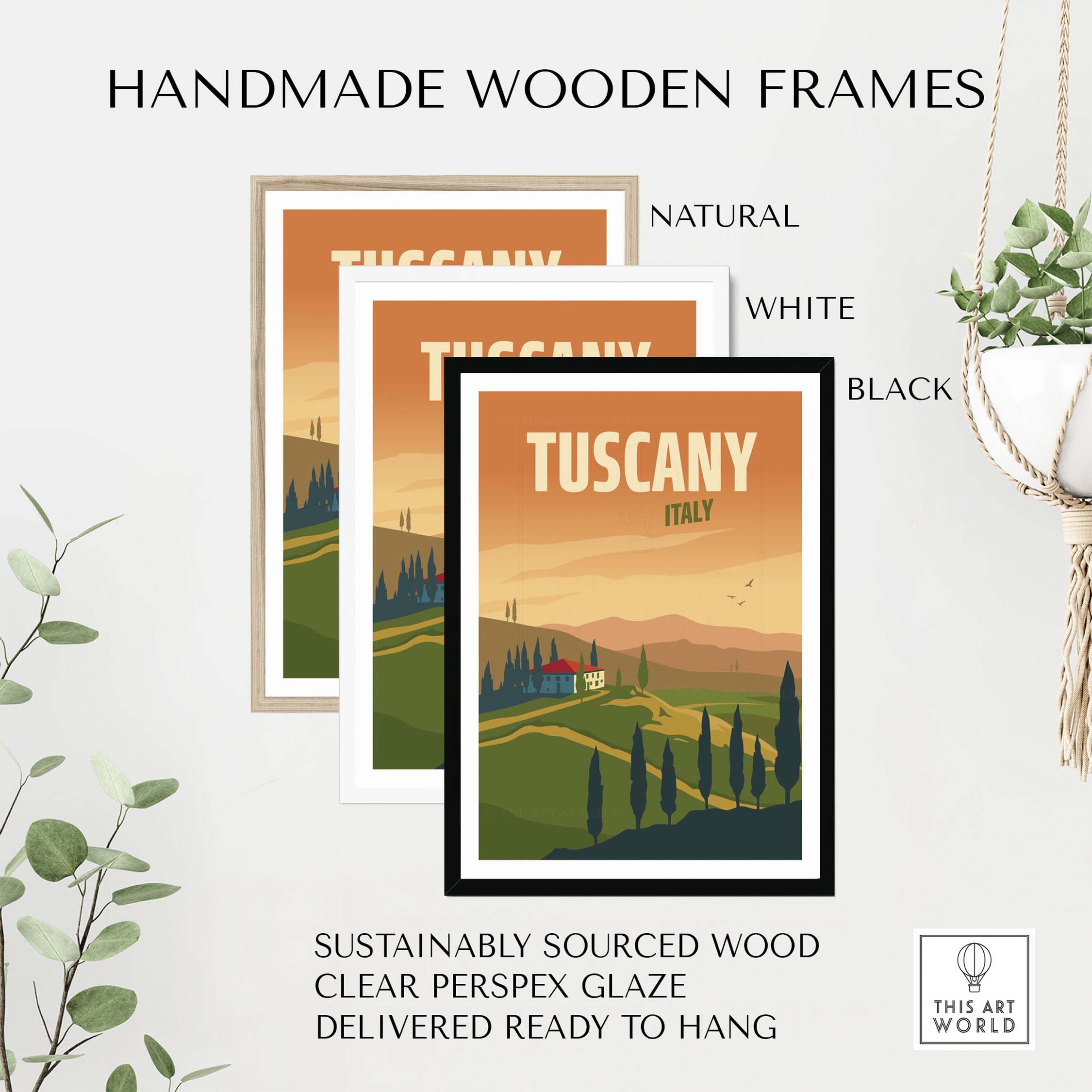 Handmade wooden frames for Tuscany poster art in natural, white, and black finishes, sustainably sourced and ready to hang.