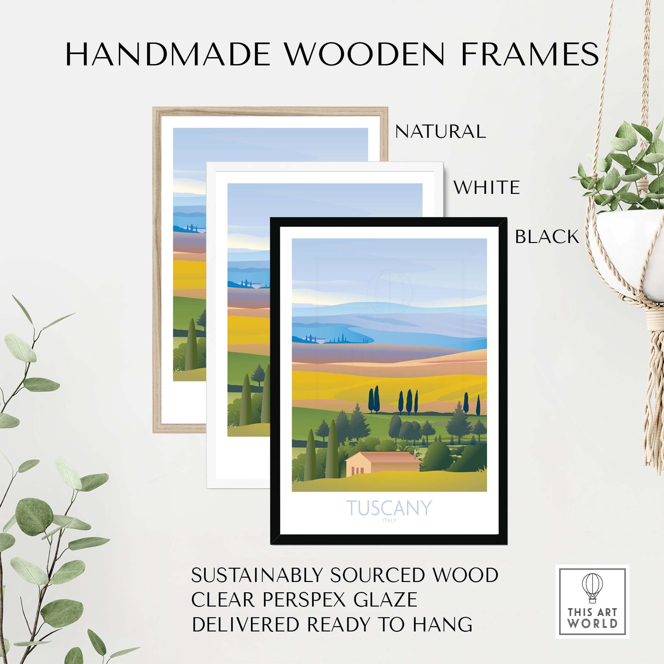 Handmade wooden frames in natural, white, and black for Tuscany Wall Art Print, sustainably sourced and ready to hang.