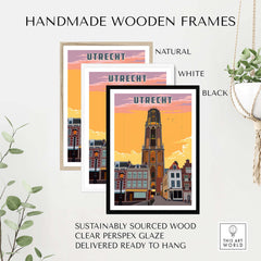 Utrecht print in handmade wooden frames, showcasing the iconic Dom Tower and Dutch architecture, perfect for home decor.