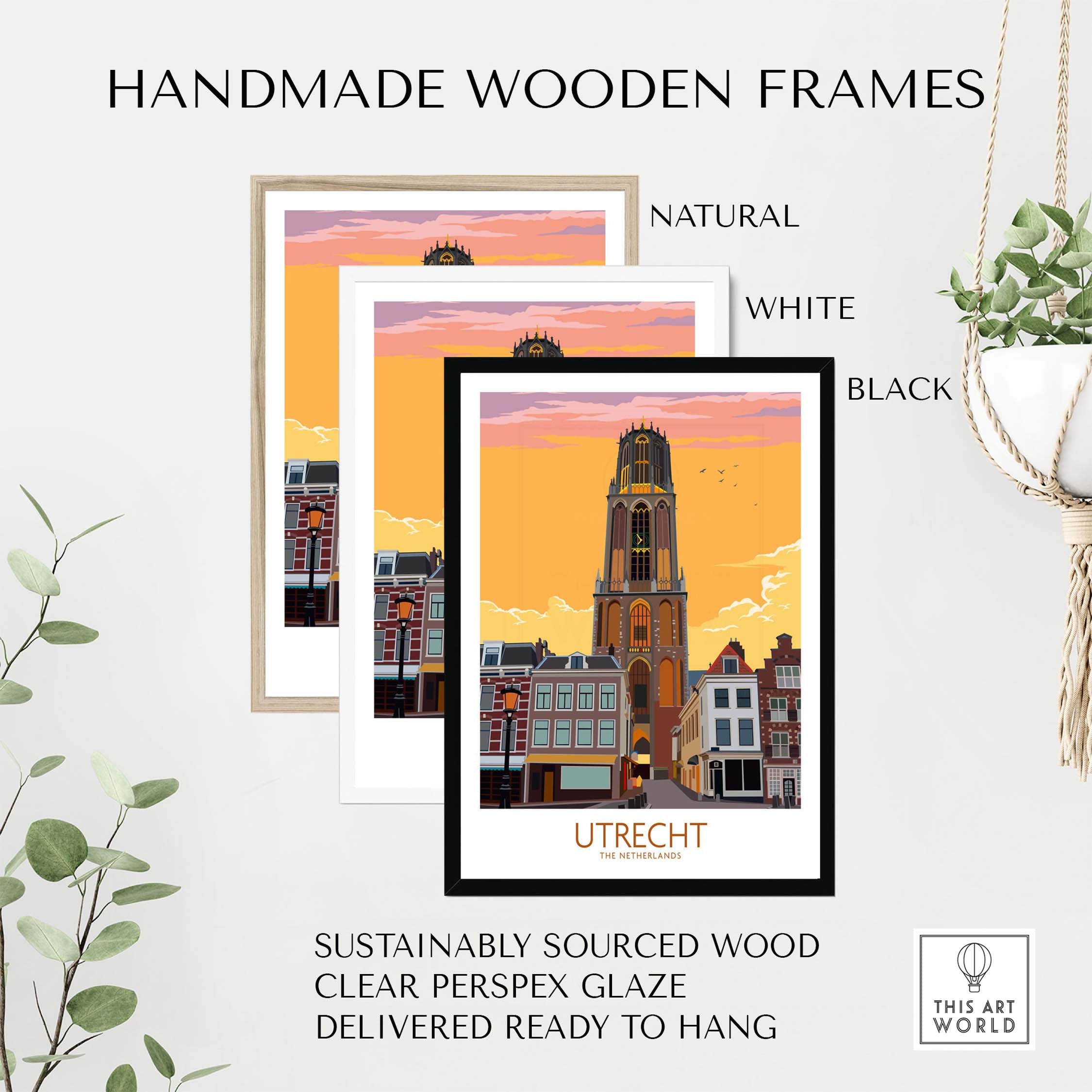 Utrecht Print Poster in natural, white, and black handmade wooden frames, sustainably sourced with clear perspex glaze.