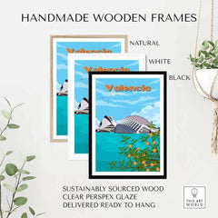 Handmade wooden frames for Valencia wall art print in natural, white, and black designs, sustainably sourced and ready to hang.