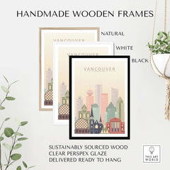 Handmade wooden frames in natural, white, and black for Vancouver City Print wall art, sustainably sourced with clear glaze.