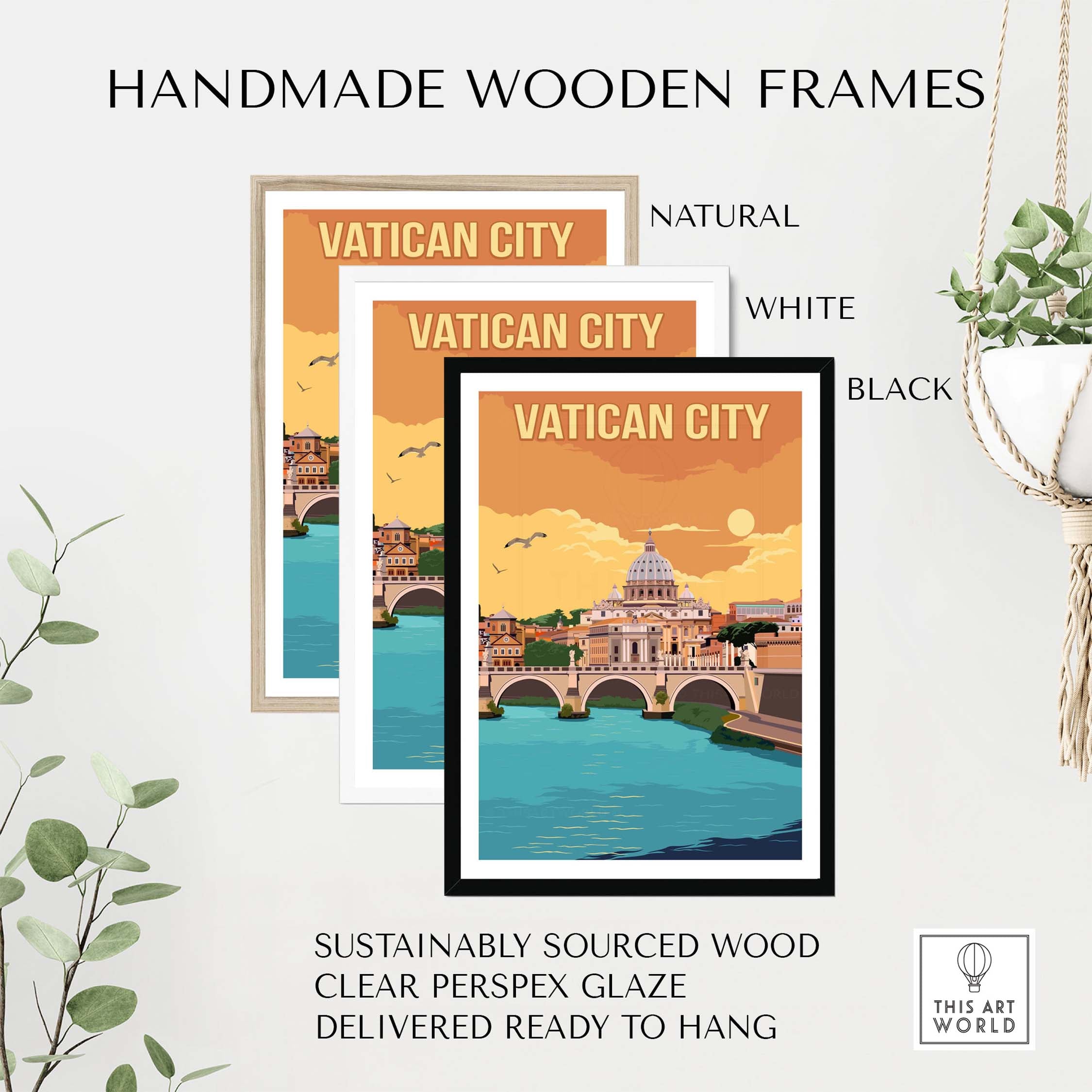 Vatican City Print displayed in handmade wooden frames in natural, white, and black options, ready to hang.