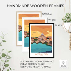 Vatican City poster in handmade frames: natural, white, and black. Stylish wall art, sustainably sourced wood.