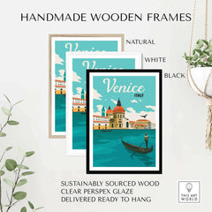 Handmade wooden frames for Venice poster prints in natural, white, and black colors, eco-friendly and ready to hang.