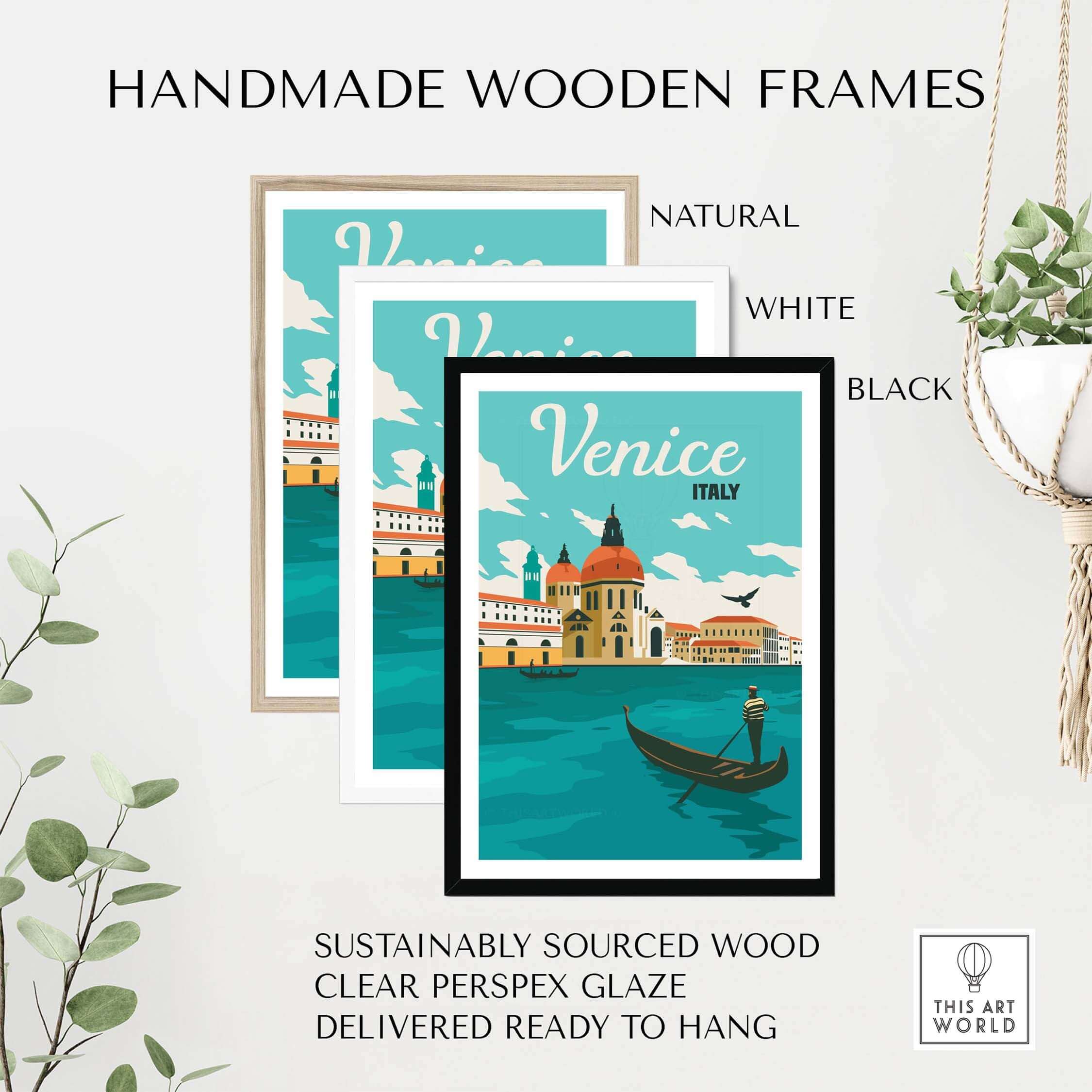 Handmade wooden frames for Venice poster prints in natural, white, and black colors, eco-friendly and ready to hang.