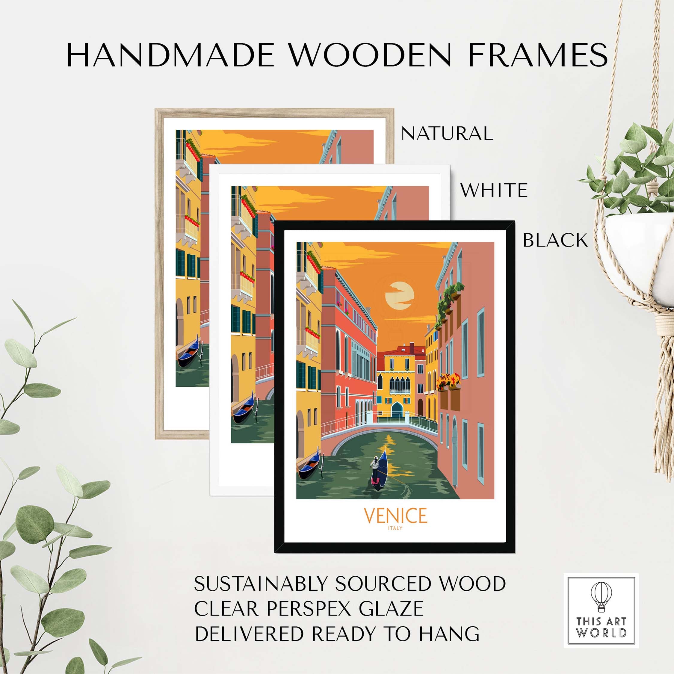 Handmade wooden frames in natural, white, and black for Venice travel poster art print, sustainably sourced and ready to hang.