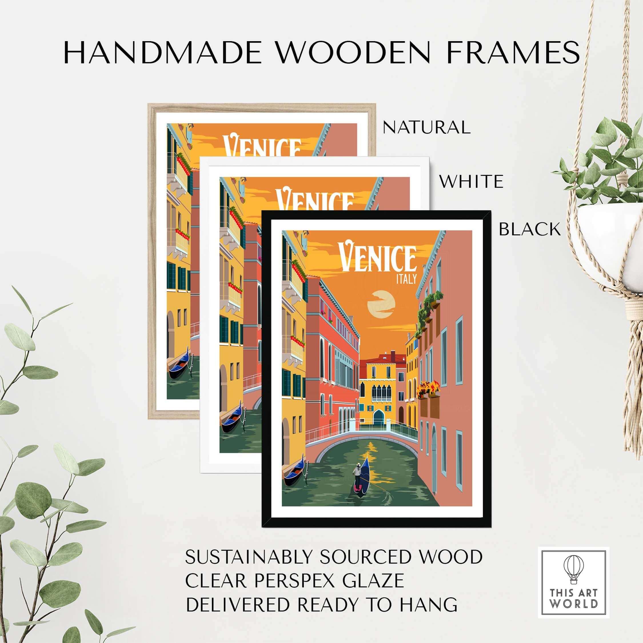Handmade wooden frames in natural, white, and black for Venice Italy wall art, sustainably sourced and ready to hang.