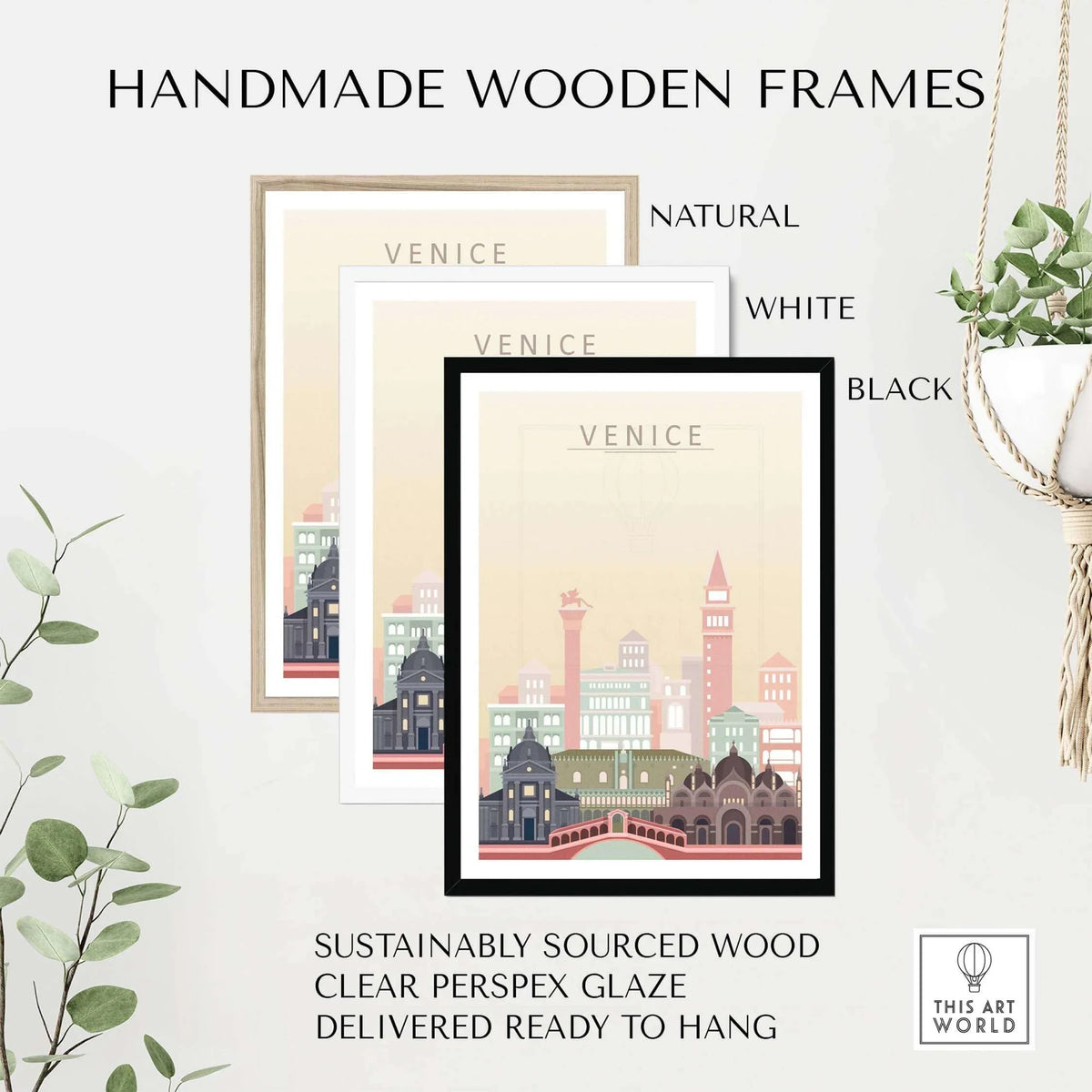 Handmade wooden frames in natural, white, and black for Venice city skyline art, sustainably sourced and ready to hang.