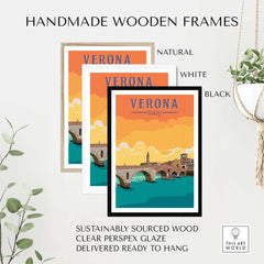 Verona Italy Print in handmade wooden frames, showcasing natural, white, and black options, stylish wall art for home decor.