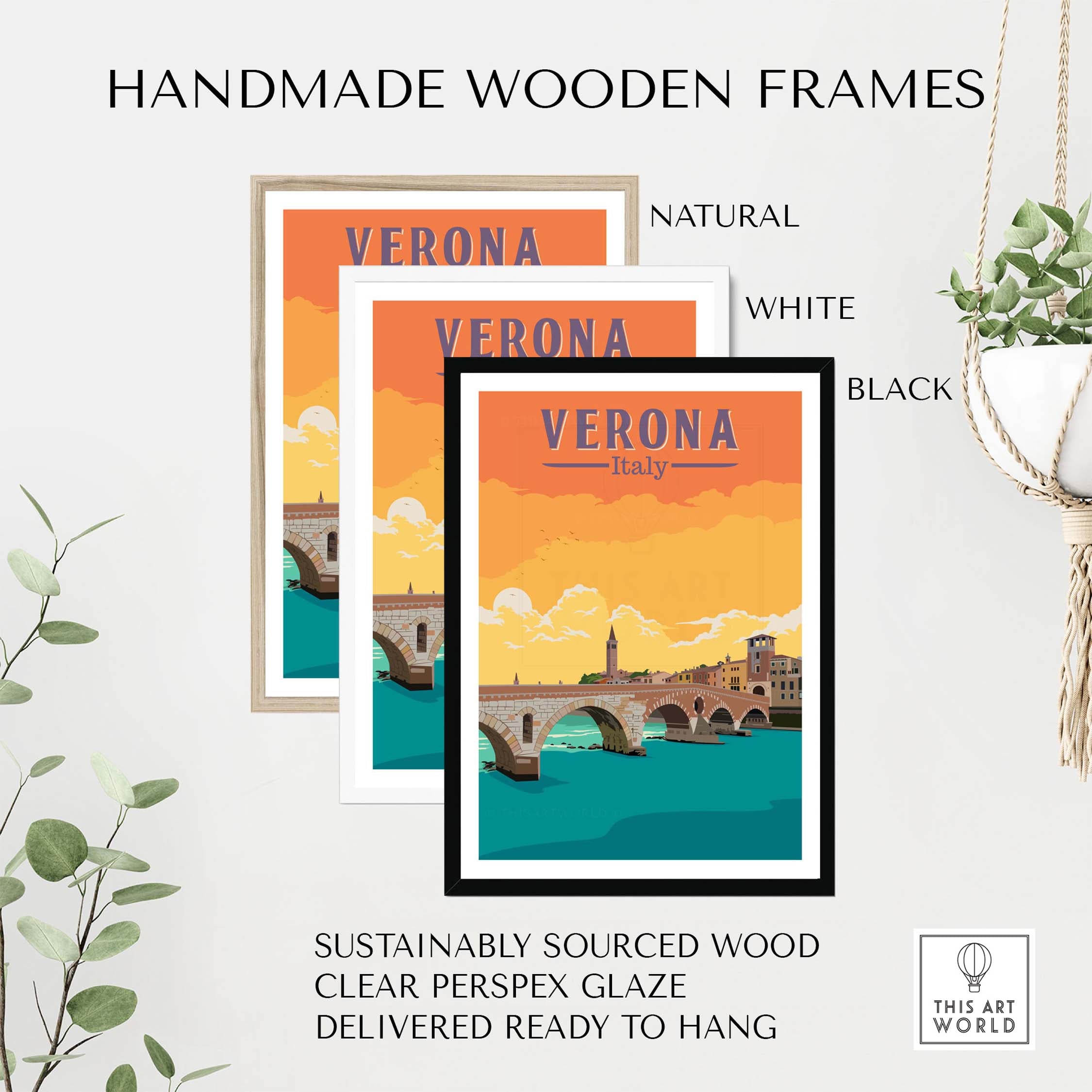Verona Italy Print in handmade wooden frames, showcasing natural, white, and black options, stylish wall art for home decor.