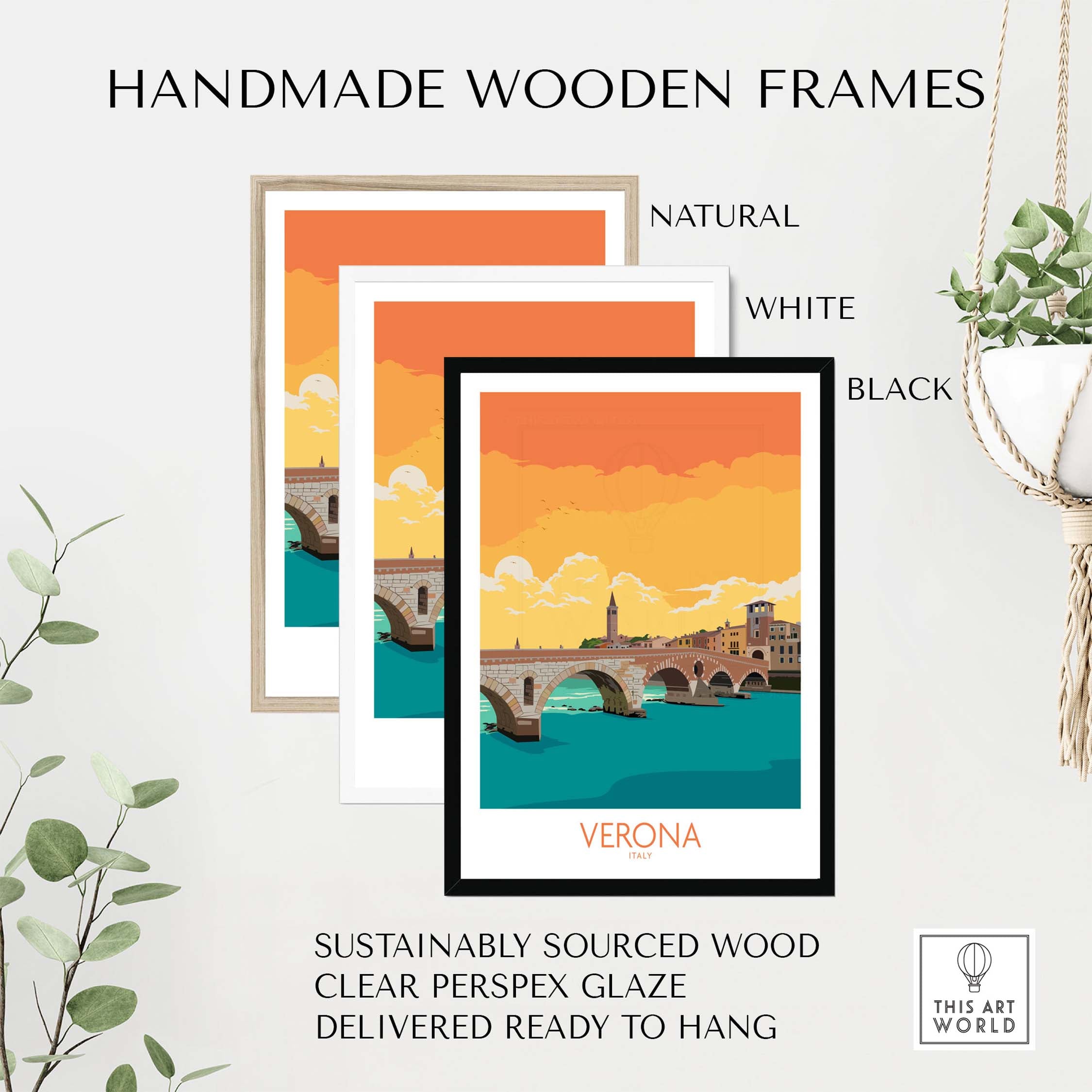 Handmade wooden frames in natural, white, and black for Verona poster, sustainably sourced and ready to hang.