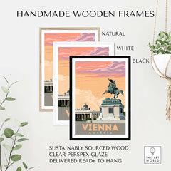 Handmade wooden frames in natural, white, and black for Vienna Austria posters, ready to hang with clear glaze.