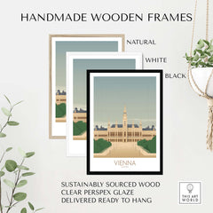 Handmade wooden frames in natural, white, and black for Vienna Wall Art Print, made of sustainably sourced wood.