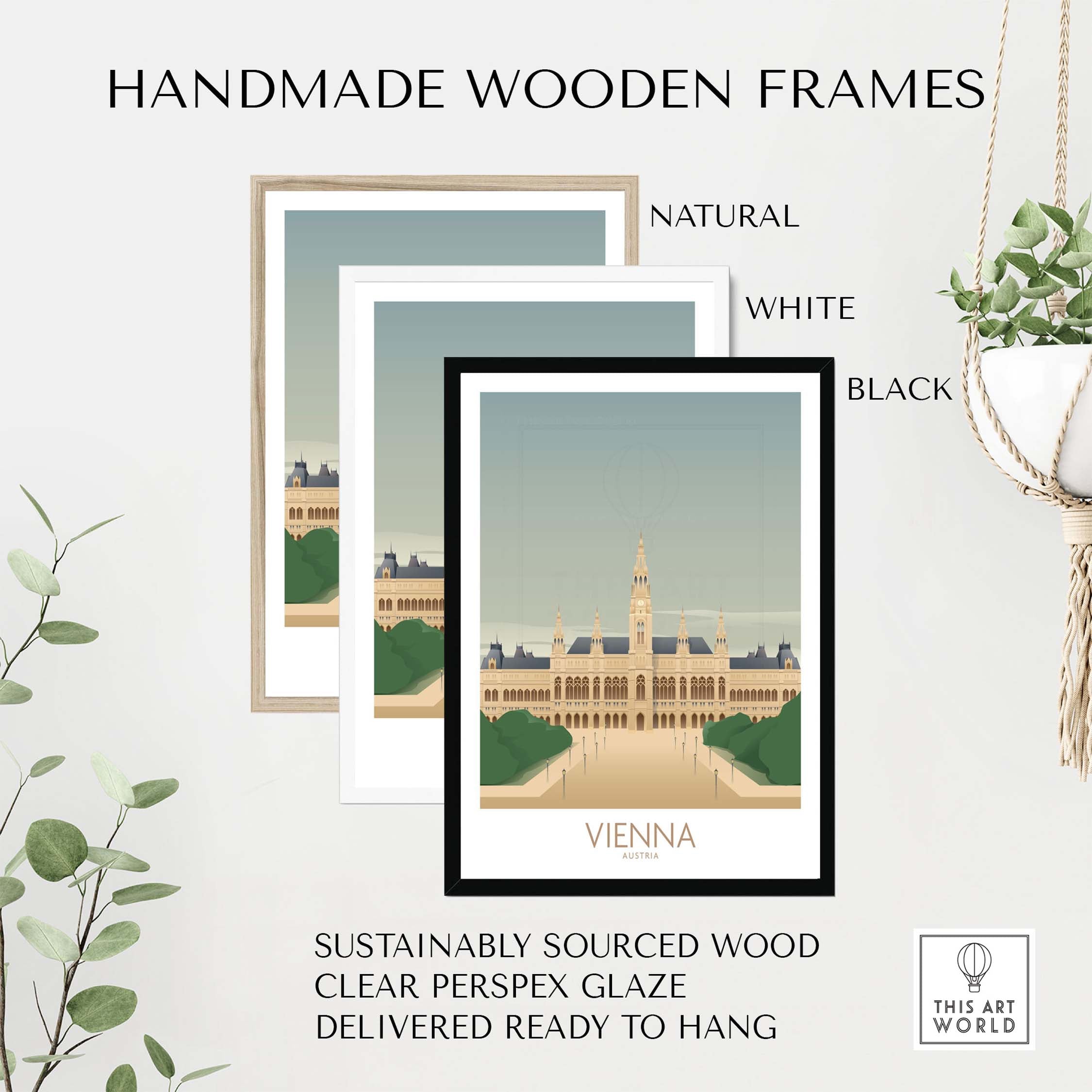 Handmade wooden frames in natural, white, and black for Vienna Wall Art Print, made of sustainably sourced wood.