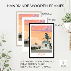Three handmade wooden frames in natural, white, and black displaying a Vienna travel poster.