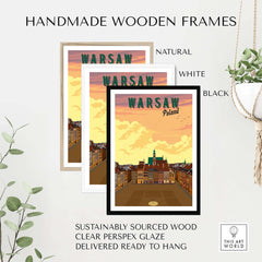 Handmade wooden frames in natural, white, and black for Warsaw Poster Poland, sustainably sourced and ready to hang.