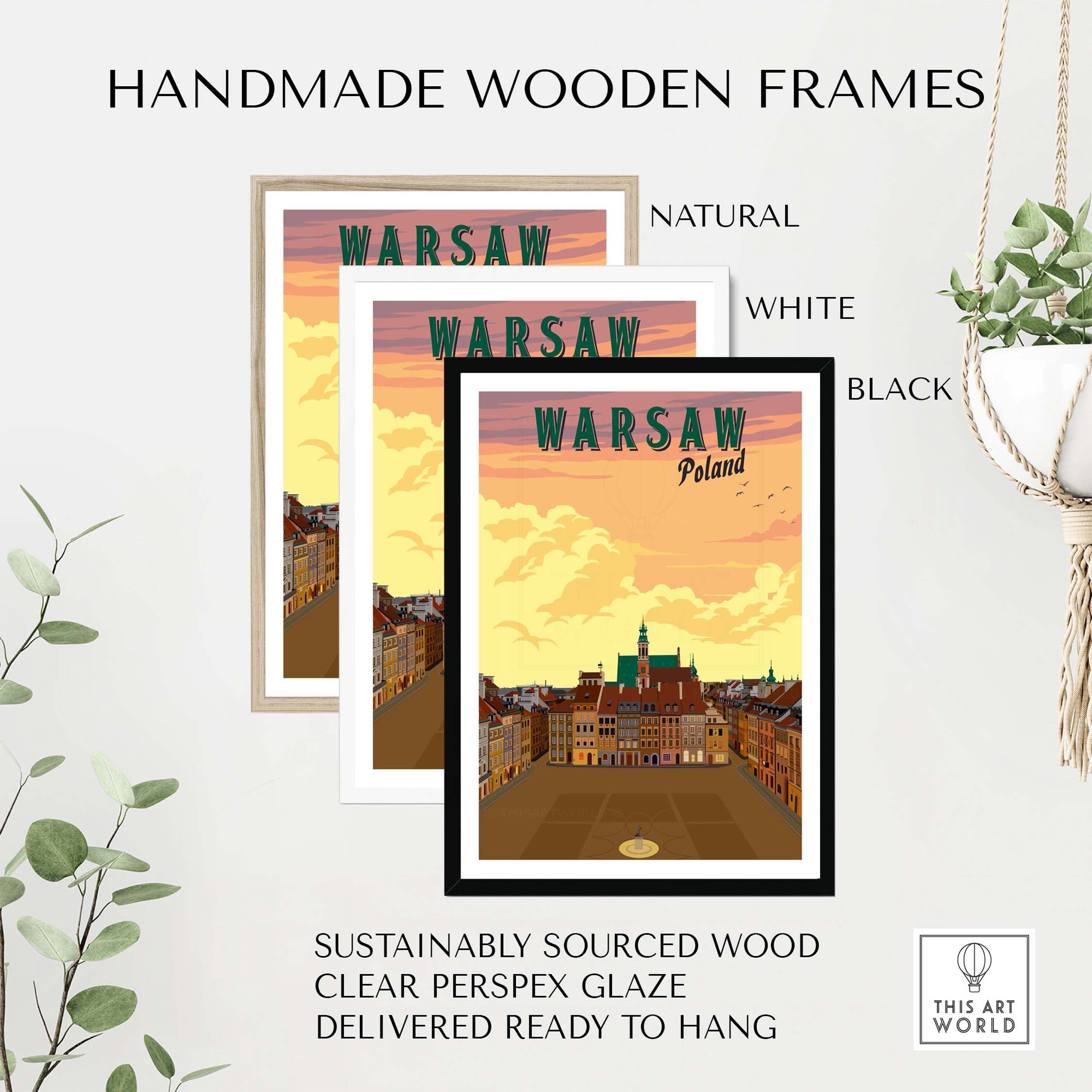 Handmade wooden frames in natural, white, and black for Warsaw Poster Poland, sustainably sourced and ready to hang.