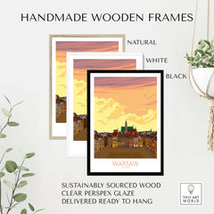 Stylish handmade wooden frames for Warsaw print in natural, white, and black finishes, ready to hang.