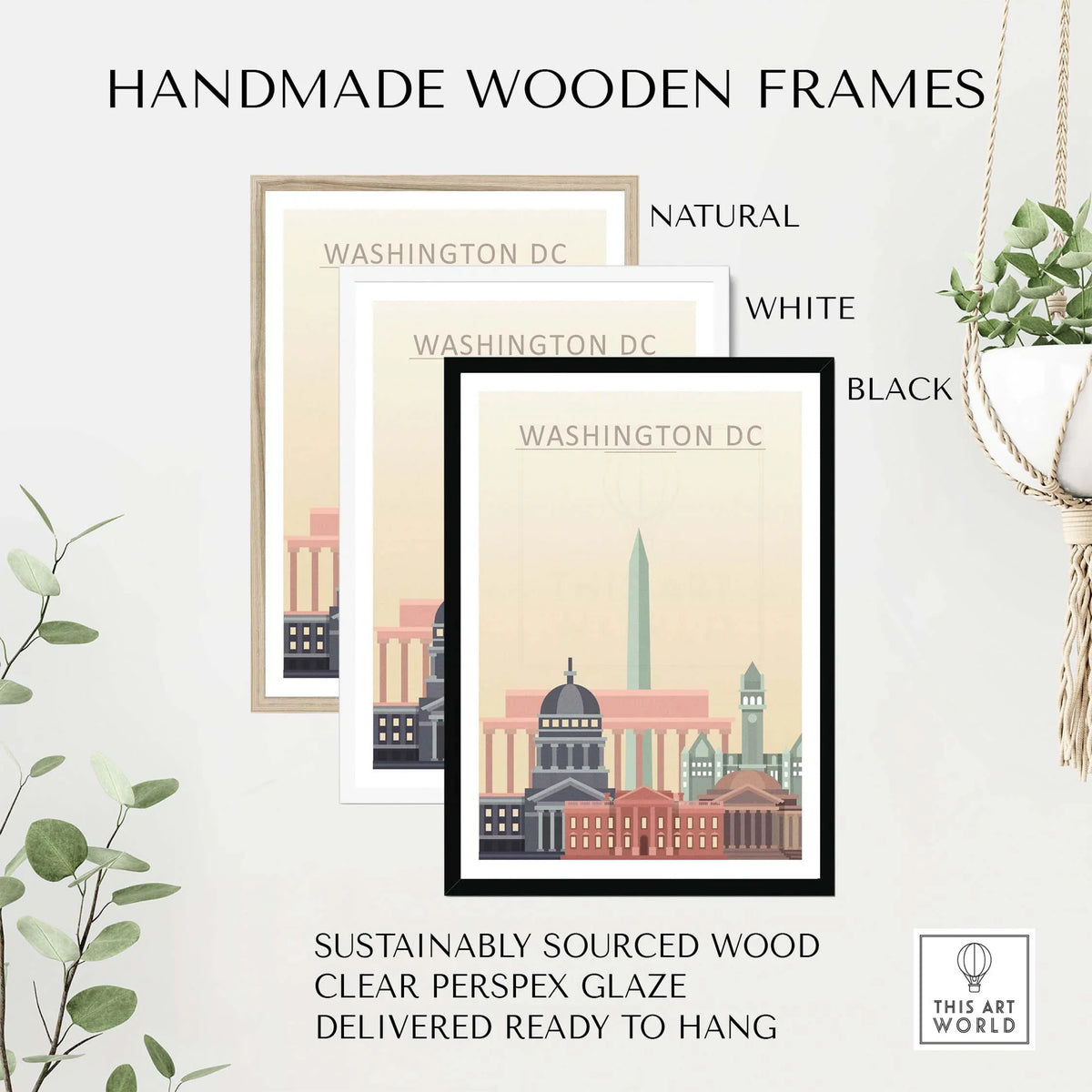 Handmade wooden frames for Washington DC skyline poster in natural, white, and black colors, sustainably sourced wood.