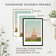 Washington DC Wall Art Print displayed in natural, white, and black handmade frames, showcasing sustainable wood craftsmanship.