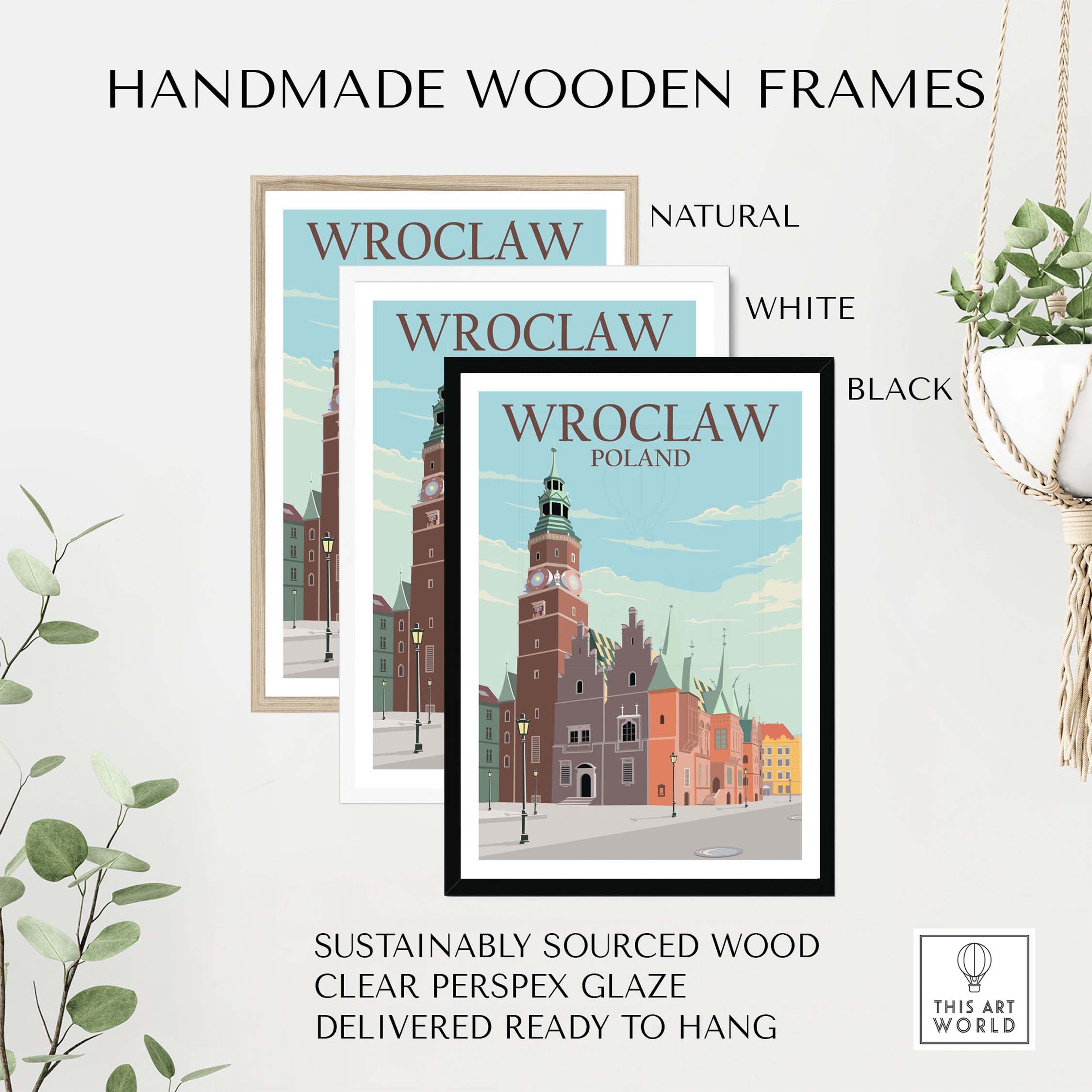 Wroclaw Poland posters in handmade wooden frames in natural, white, and black styles for stylish wall art.