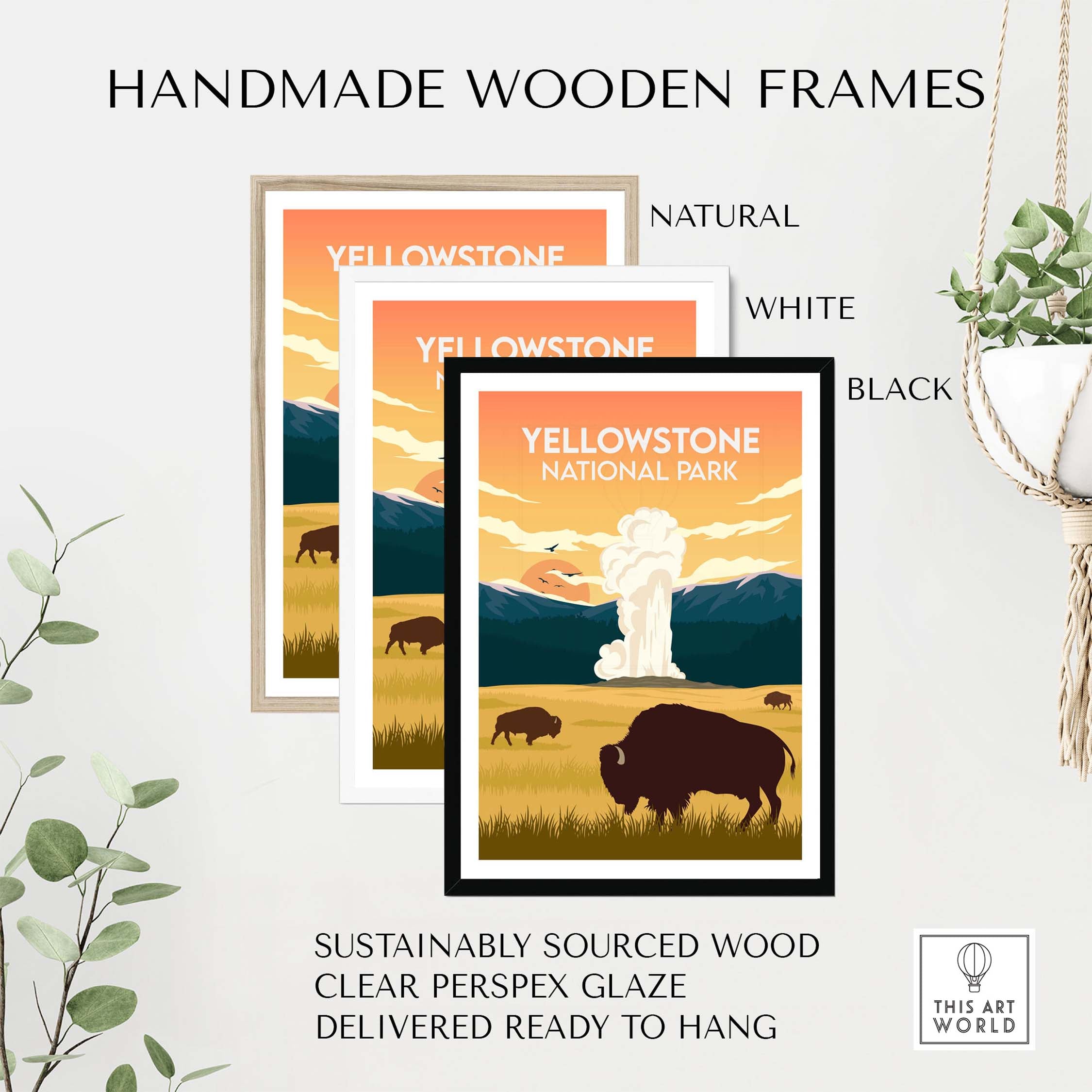 Handmade wooden frames in natural, white, and black for Yellowstone National Park print, featuring bison and scenic landscape.
