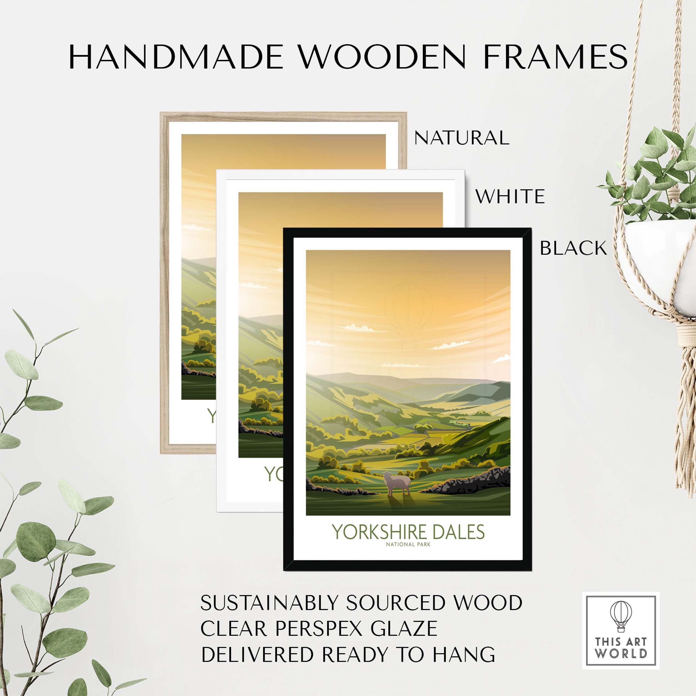 Handmade wooden frames for Yorkshire Dales art print in natural, white, and black finishes, ready to hang.