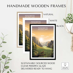 Yosemite poster in handmade wooden frames, showcasing natural, white, and black options for stylish wall art.