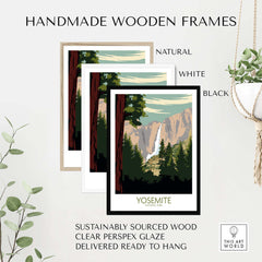 Yosemite Park Poster Print in handmade wooden frames, available in natural, white, and black finishes.