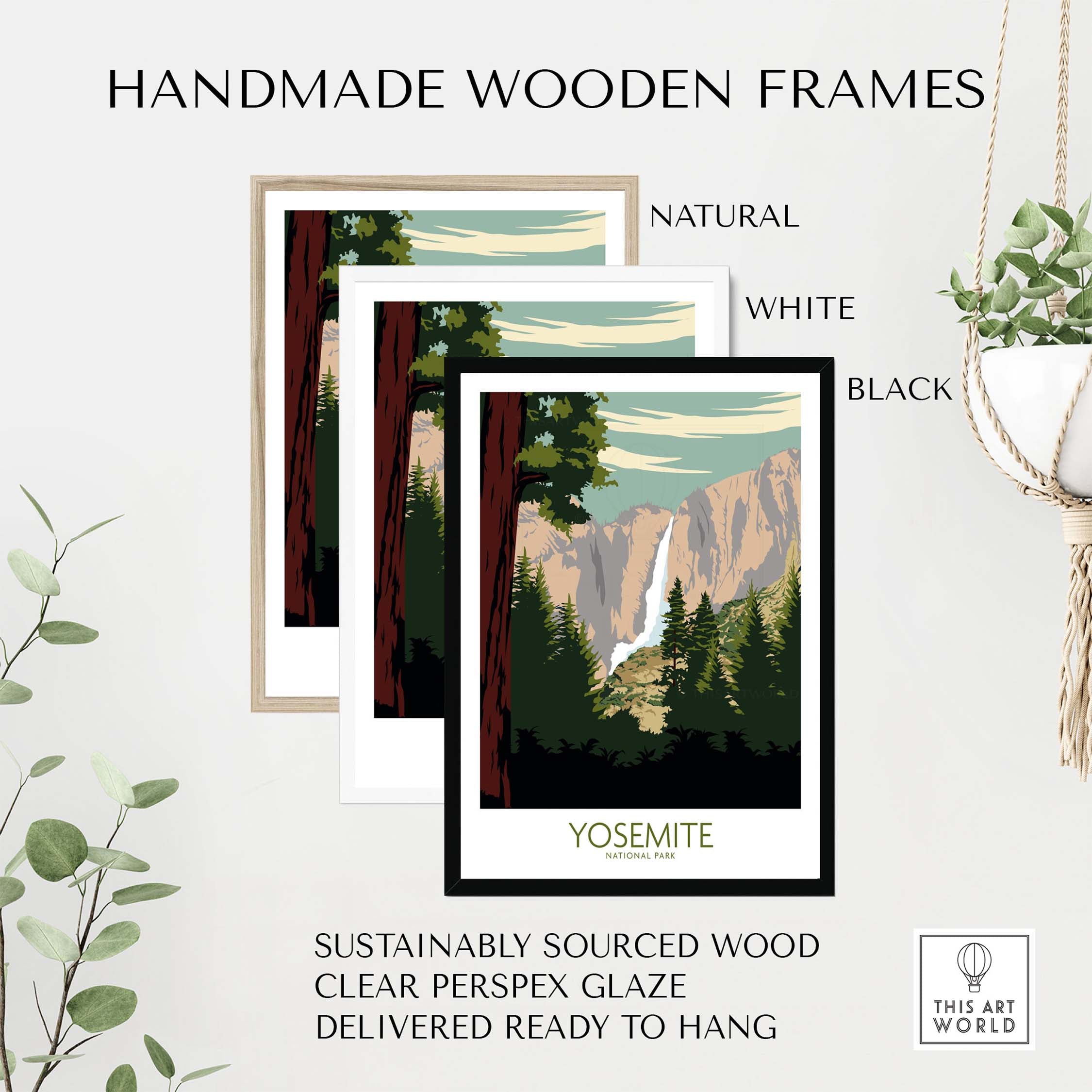 Yosemite Park Poster Print in handmade wooden frames, available in natural, white, and black finishes.
