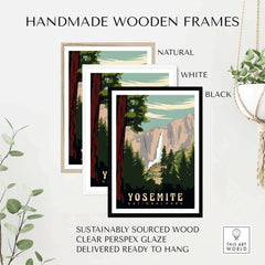 Yosemite National Park print in handmade wooden frames, showcasing vintage design and eco-friendly materials.