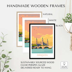 Handmade wooden frames in natural, white, and black for Zaragoza Spain poster, sustainably sourced and ready to hang.