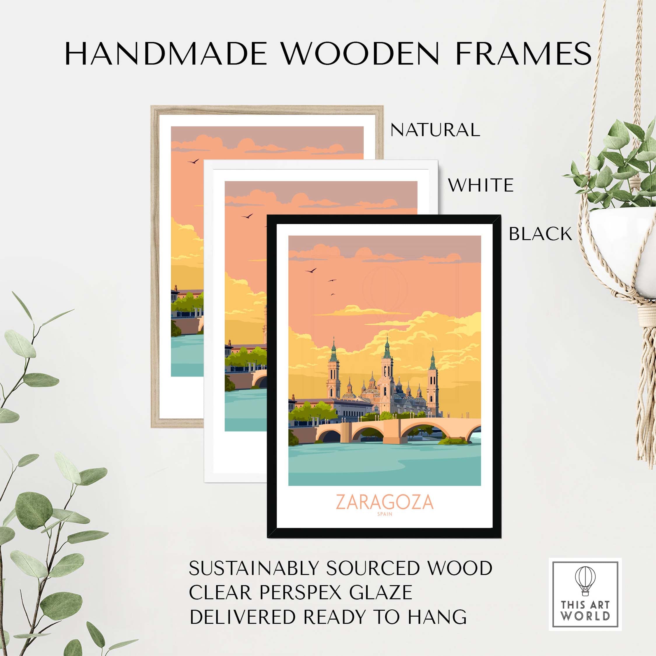 Handmade wooden frames in natural, white, and black for Zaragoza Spain poster, sustainably sourced and ready to hang.