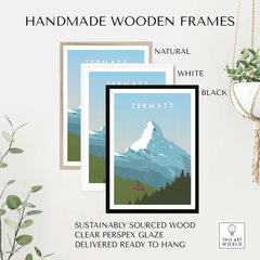 Handmade wooden frames for Zermatt Print Wall Art in natural, white, and black finishes. Sustainably sourced materials.