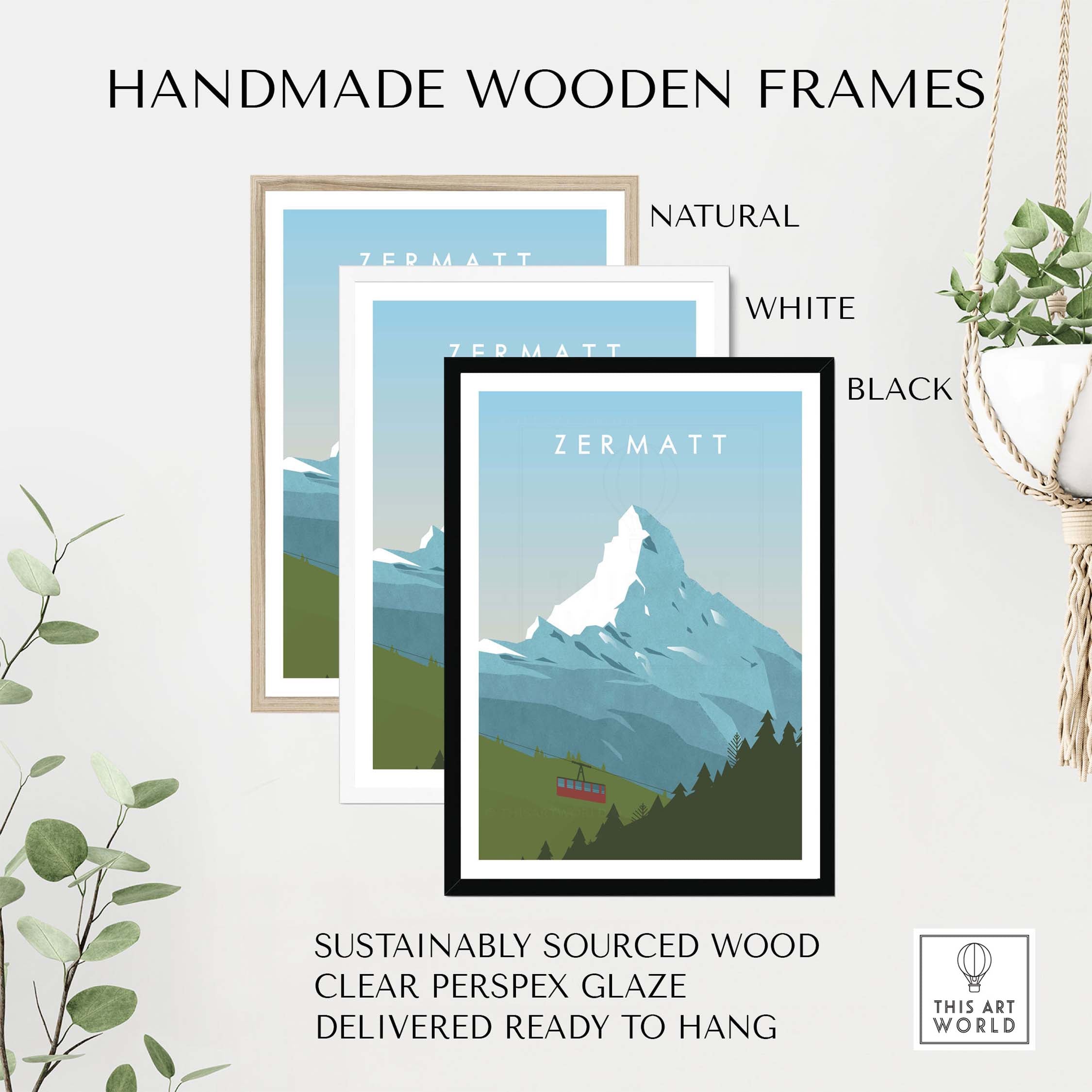 Handmade wooden frames for Zermatt Print Wall Art in natural, white, and black finishes. Sustainably sourced materials.