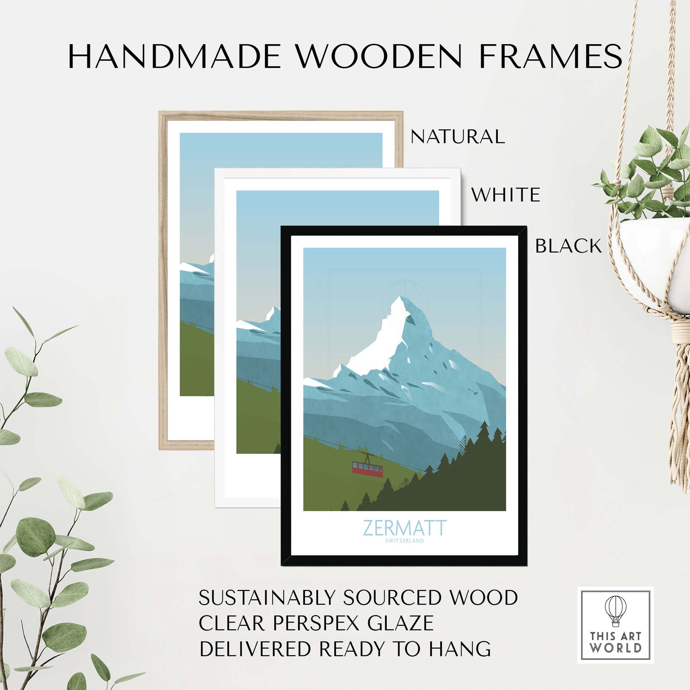Handmade wooden frames in natural, white, and black for Zermatt Matterhorn print, sustainably sourced and ready to hang.
