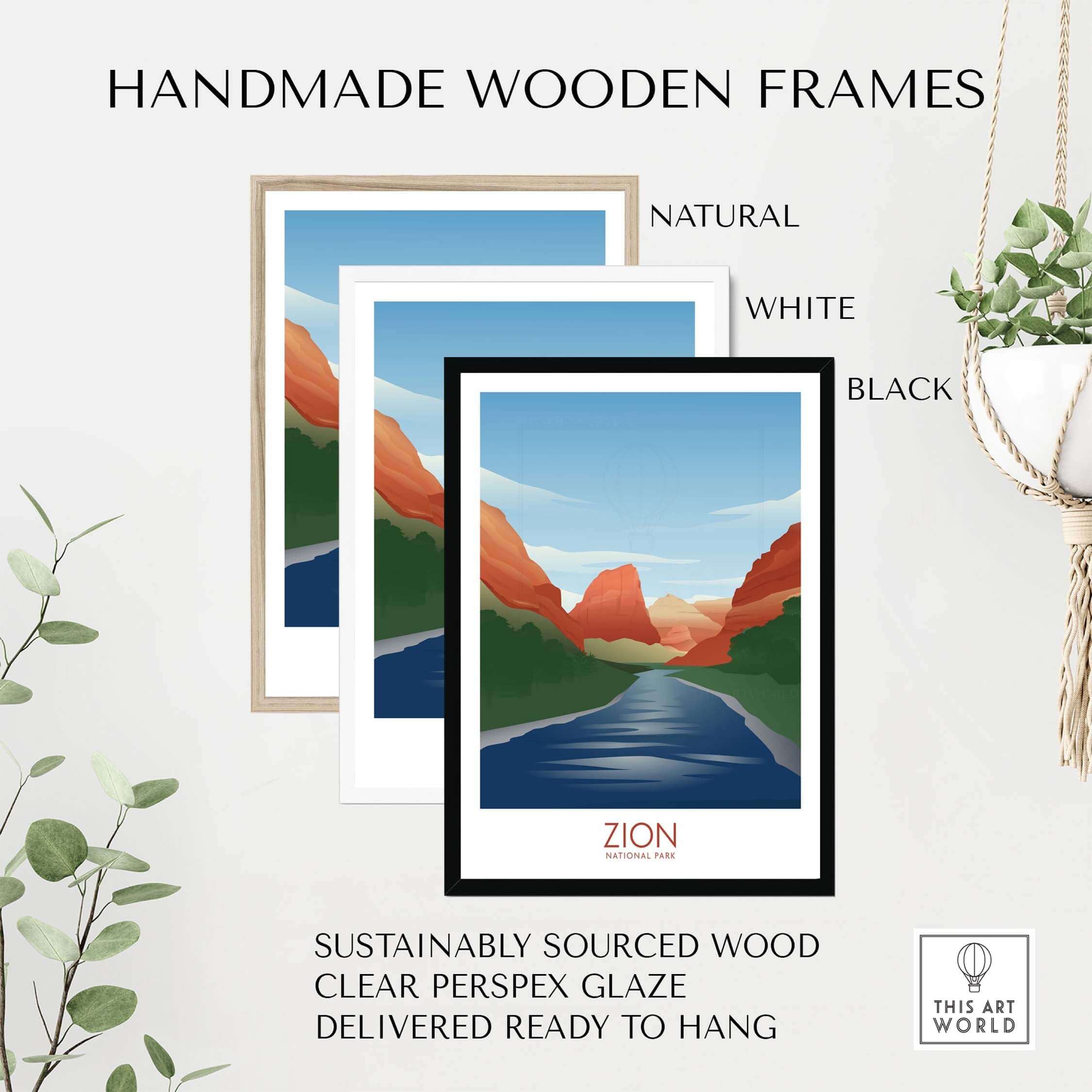 Handmade wooden frames for Zion National Park art print in natural, white, and black finishes, sustainably sourced.
