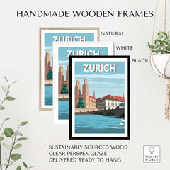 Zurich Switzerland travel poster prints in natural, white, and black handmade wooden frames.
