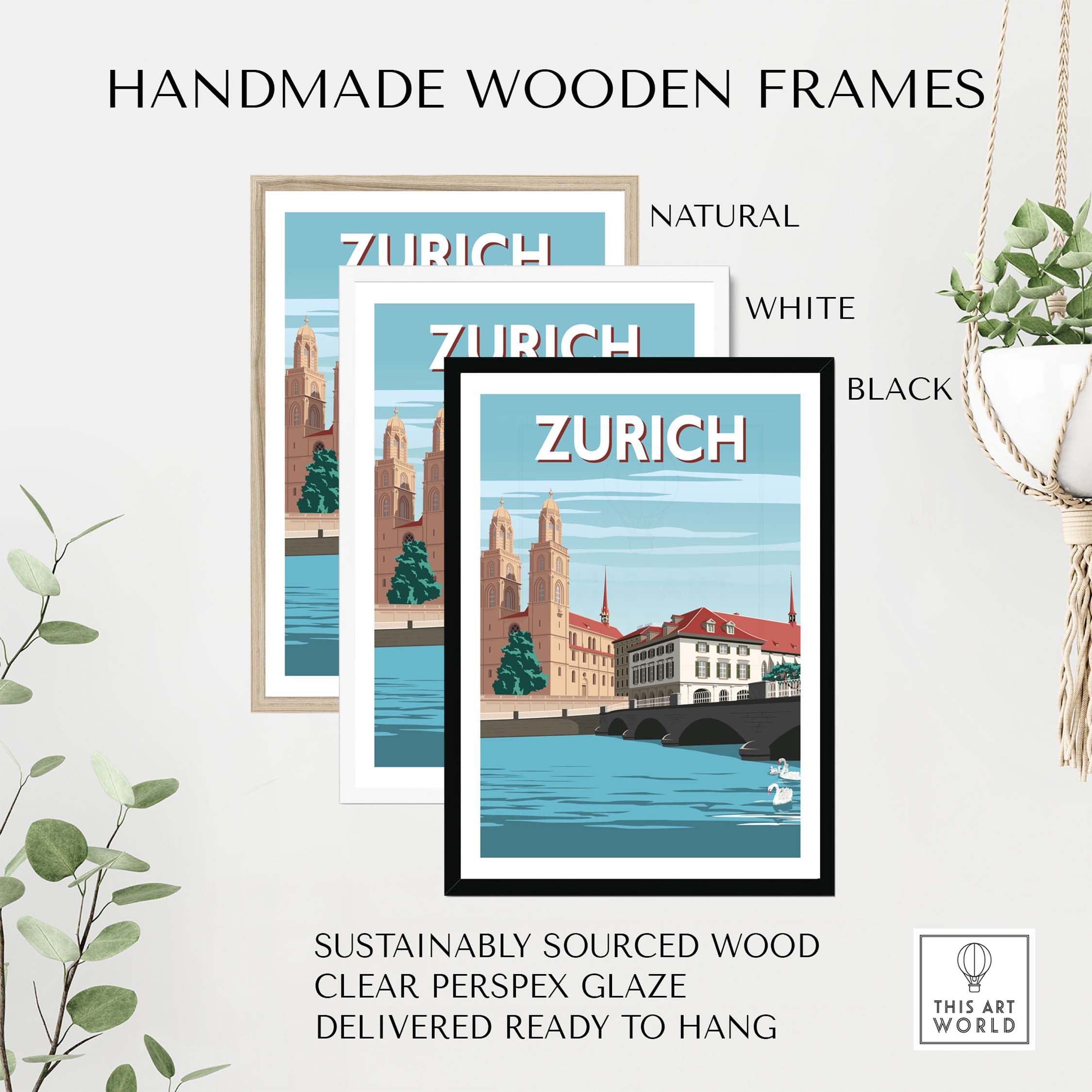 Zurich Switzerland travel poster prints in natural, white, and black handmade wooden frames.