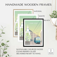 Handmade wooden frames in natural, white, and black for Zurich Print Wall Art, sustainably sourced and ready to hang.