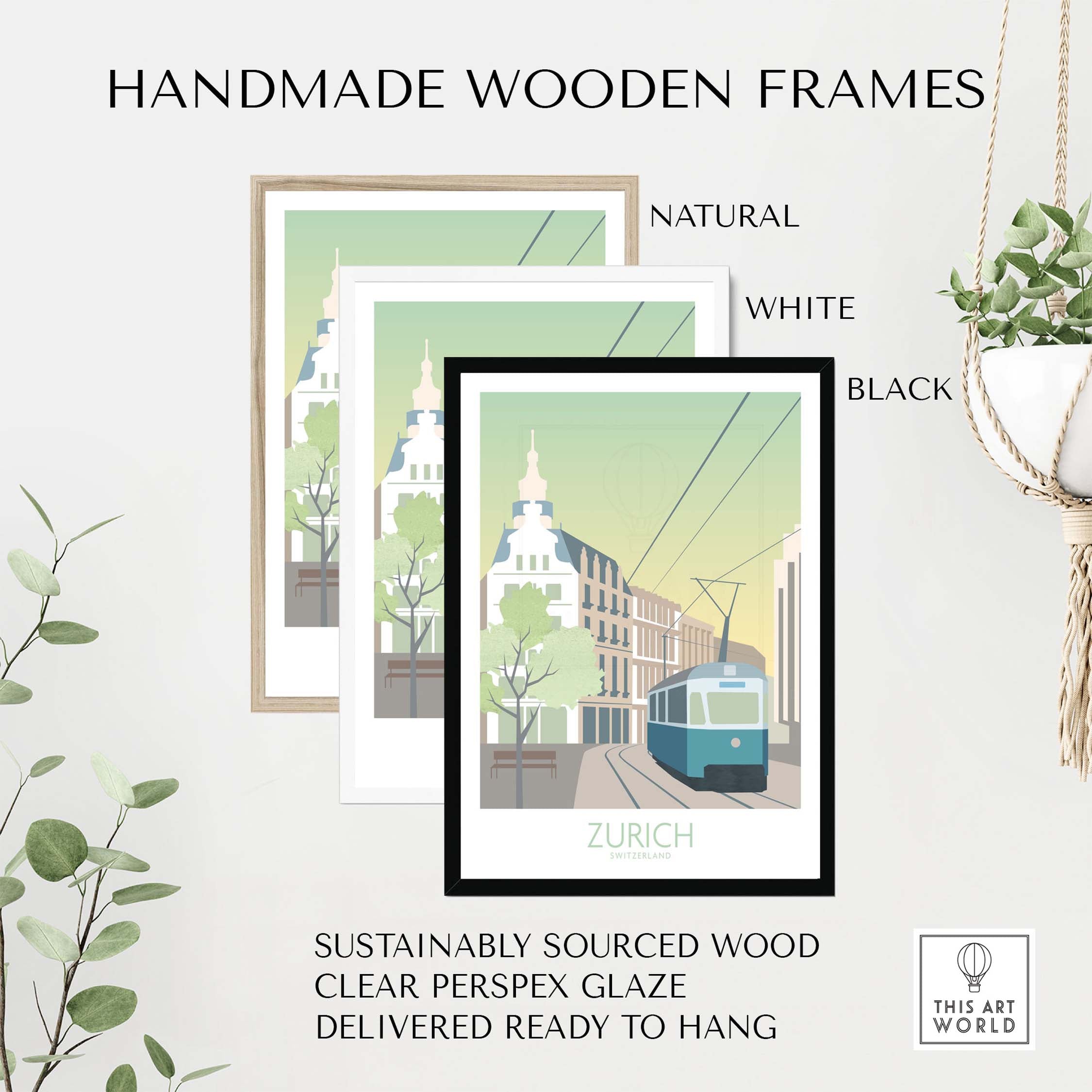 Zurich Print Travel Poster in handmade wooden frames: natural, white, black, sustainably sourced wood, ready to hang.
